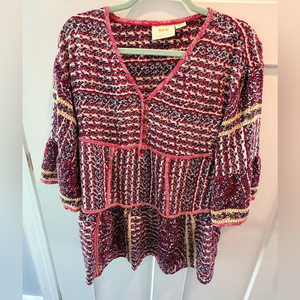 Maeve Anthropologie Silk Boho Peplum Blouse XS Printed Button Front Top